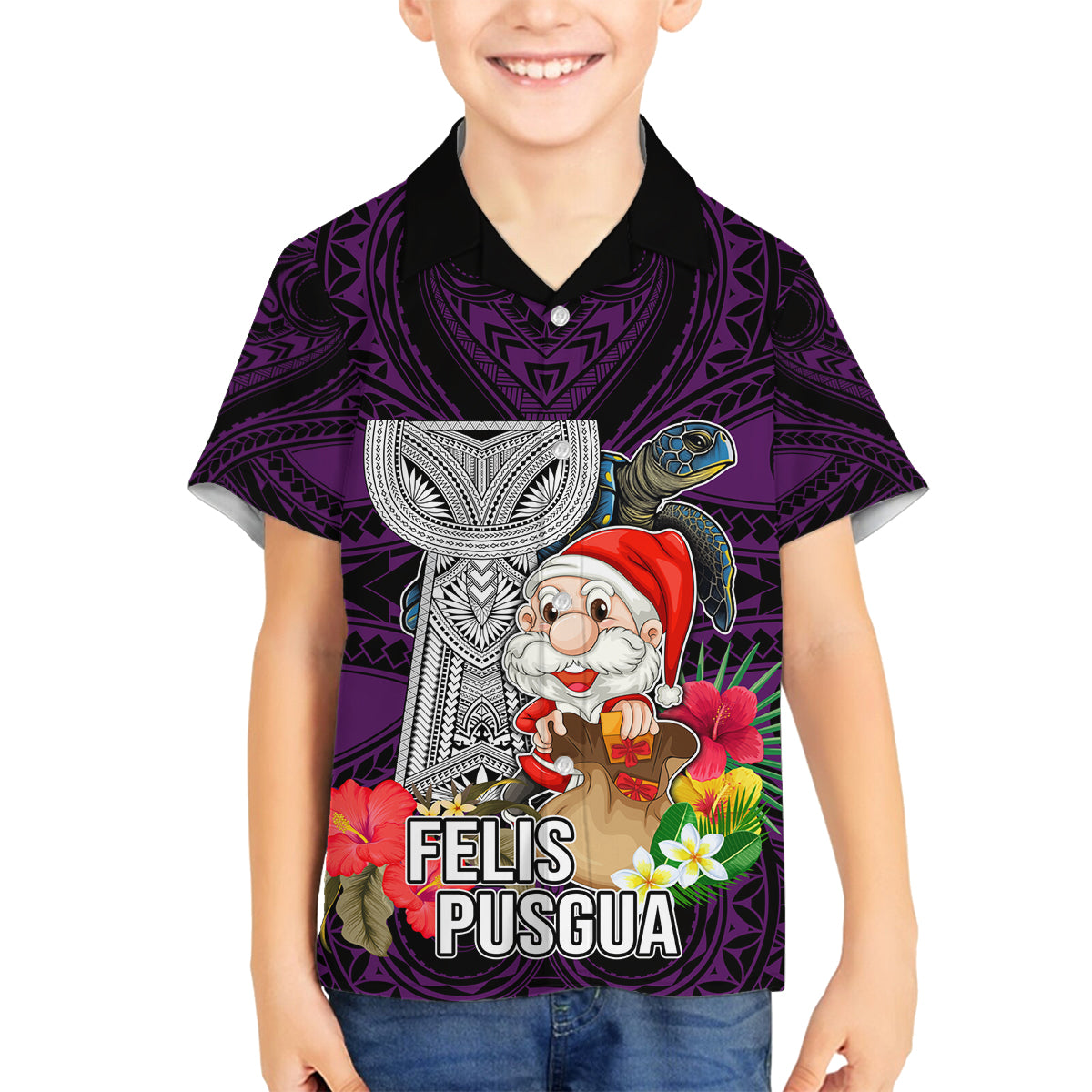 Guam Christmas Family Matching Long Sleeve Bodycon Dress and Hawaiian Shirt Santa Gift Latte Stone and Sea Turle Mix Hibiscus Chamorro Pink Style LT03 Son's Shirt Pink - Polynesian Pride