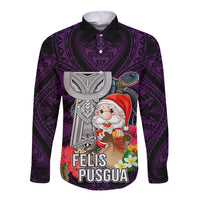 Guam Christmas Long Sleeve Button Shirt Santa Gift Latte Stone and Sea Turle Mix Hibiscus Chamorro Pink Style LT03 Unisex Pink - Polynesian Pride