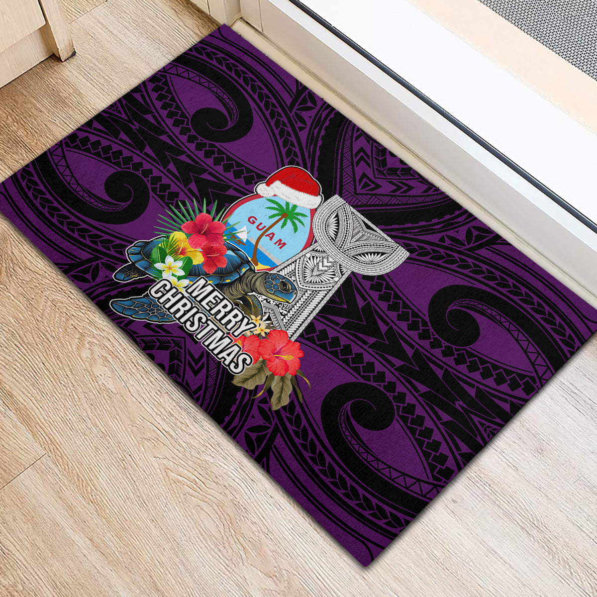 Guam Christmas Rubber Doormat Santa Gift Latte Stone and Sea Turle Mix Hibiscus Chamorro Pink Style LT03