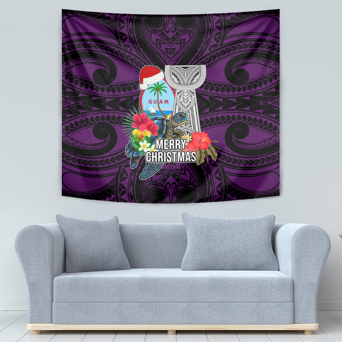 Guam Christmas Tapestry Santa Gift Latte Stone and Sea Turle Mix Hibiscus Chamorro Pink Style LT03