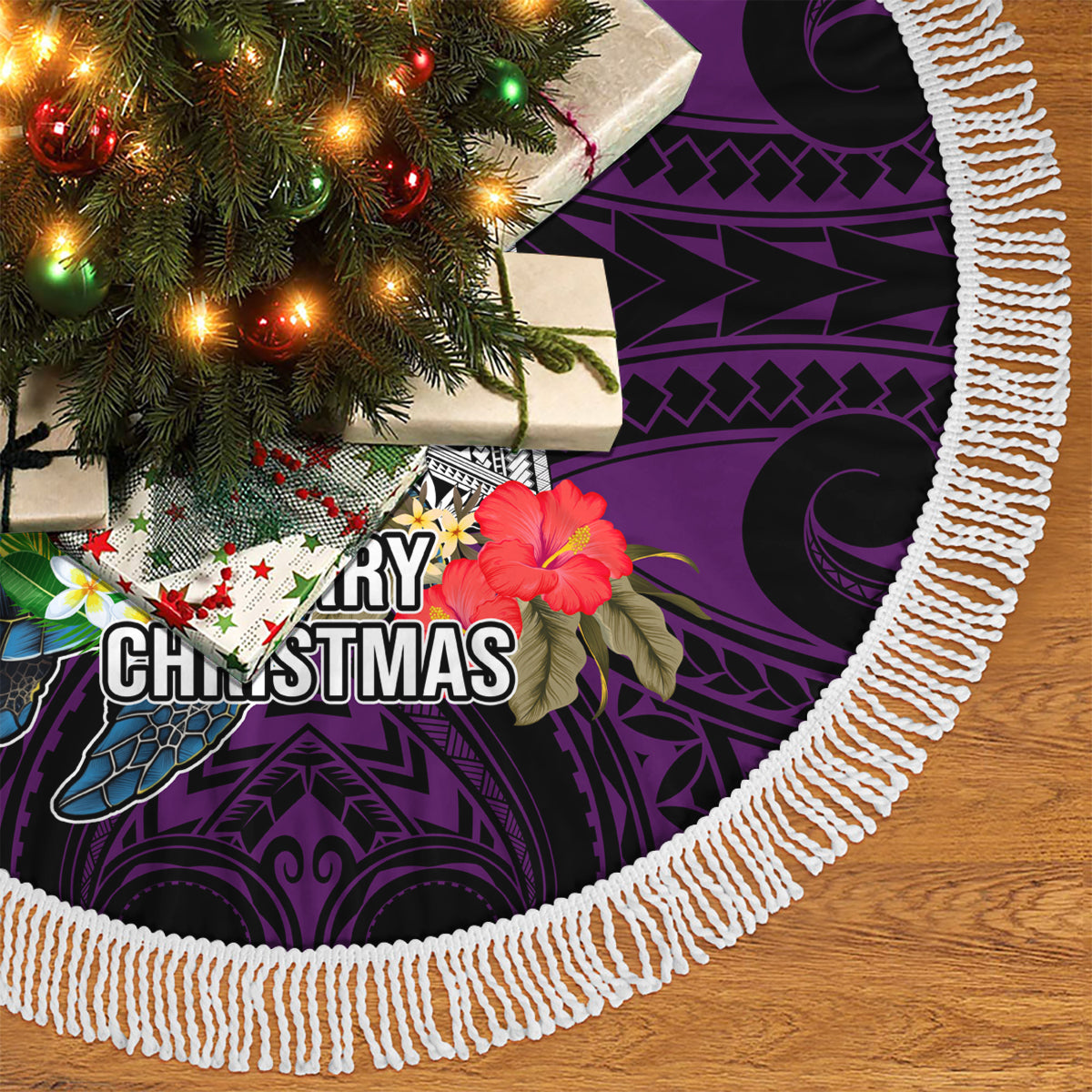 Guam Christmas Tree Skirt Santa Gift Latte Stone and Sea Turle Mix Hibiscus Chamorro Pink Style LT03