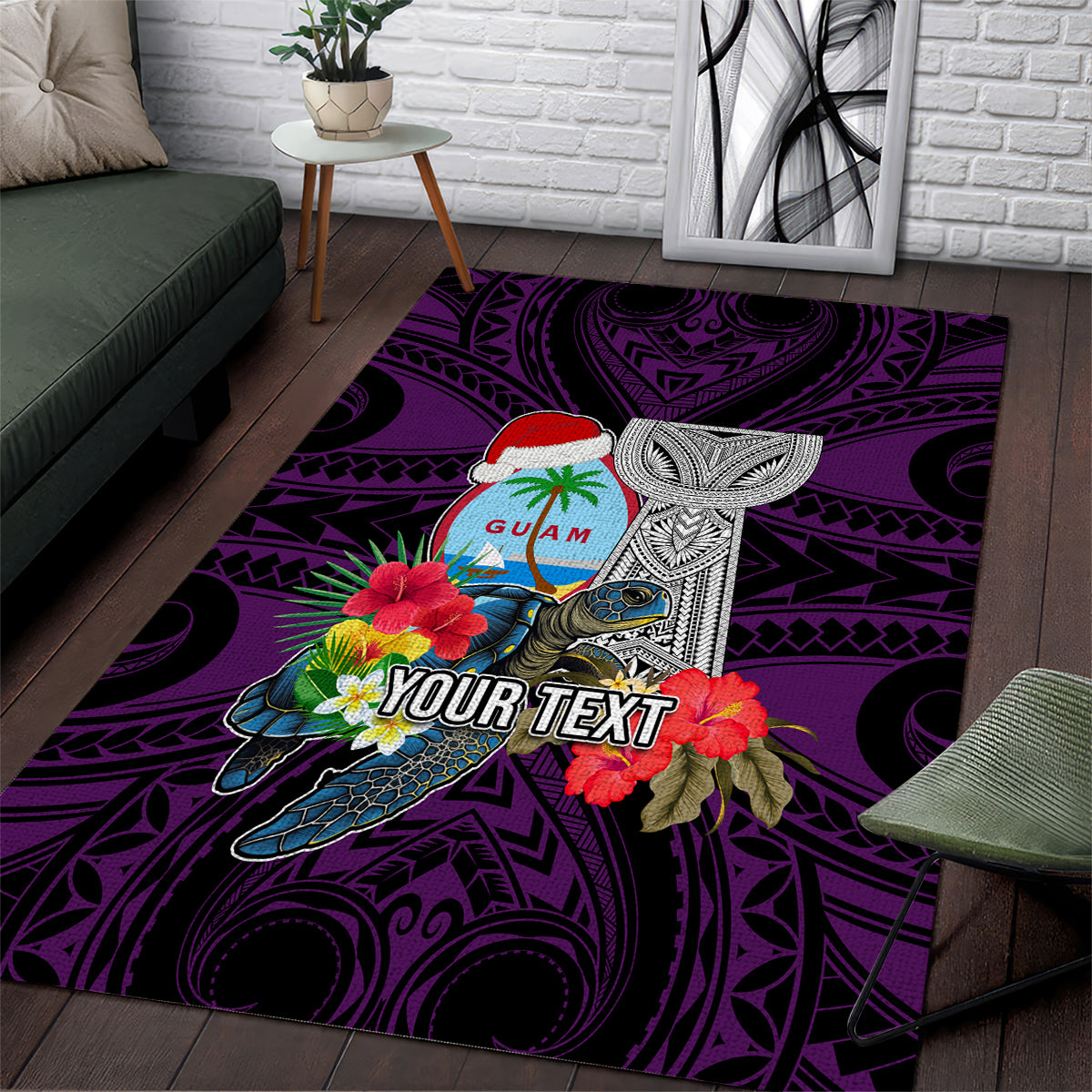 Custom Guam Christmas Area Rug Santa Gift Latte Stone and Sea Turle Mix Hibiscus Chamorro Pink Style LT03