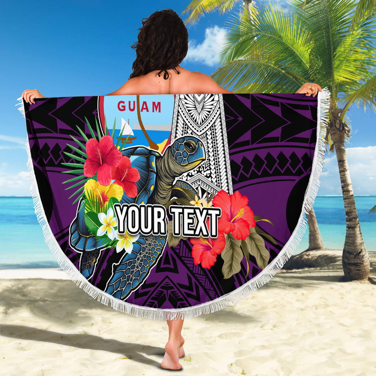 Custom Guam Christmas Beach Blanket Santa Gift Latte Stone and Sea Turle Mix Hibiscus Chamorro Pink Style LT03