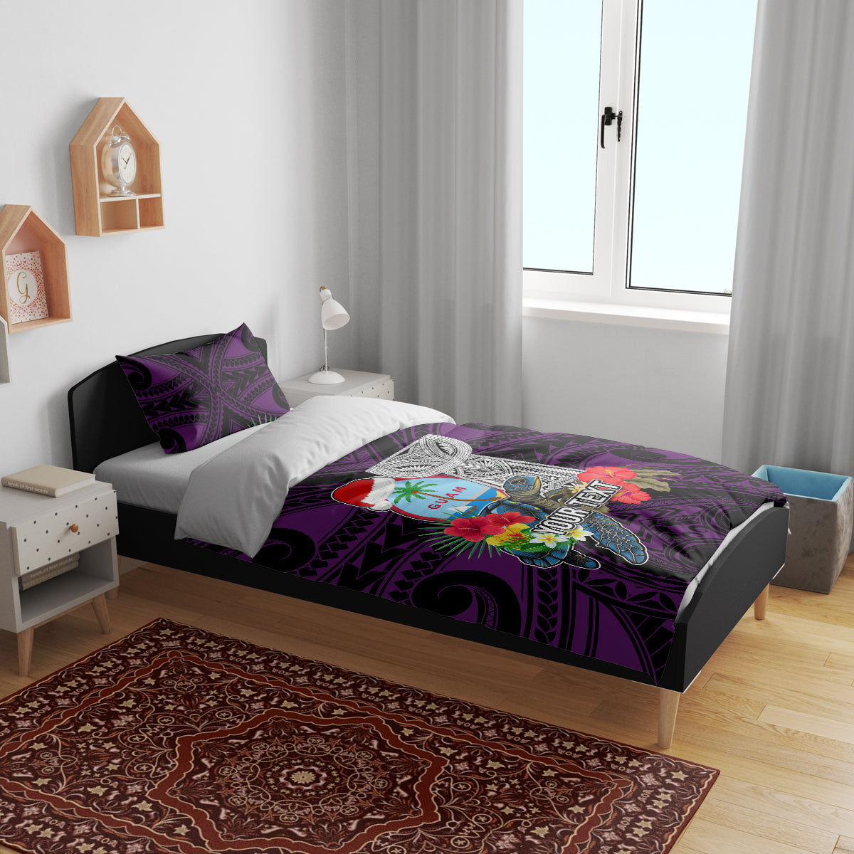 Custom Guam Christmas Bedding Set Santa Gift Latte Stone and Sea Turle Mix Hibiscus Chamorro Pink Style LT03