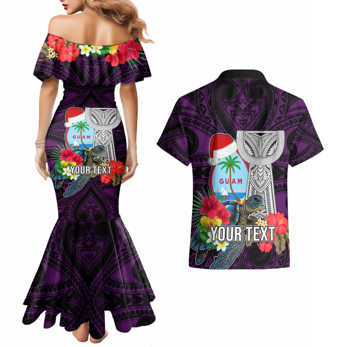 Custom Guam Christmas Couples Matching Mermaid Dress and Hawaiian Shirt Santa Gift Latte Stone and Sea Turle Mix Hibiscus Chamorro Pink Style LT03