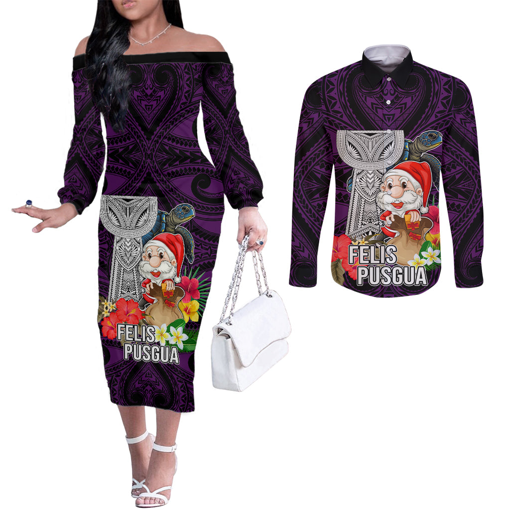 Custom Guam Christmas Couples Matching Off The Shoulder Long Sleeve Dress and Long Sleeve Button Shirt Santa Gift Latte Stone and Sea Turle Mix Hibiscus Chamorro Pink Style LT03