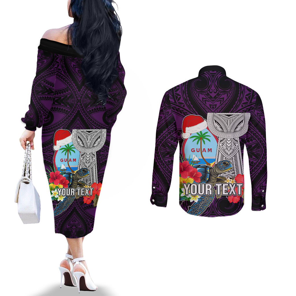 Custom Guam Christmas Couples Matching Off The Shoulder Long Sleeve Dress and Long Sleeve Button Shirt Santa Gift Latte Stone and Sea Turle Mix Hibiscus Chamorro Pink Style LT03