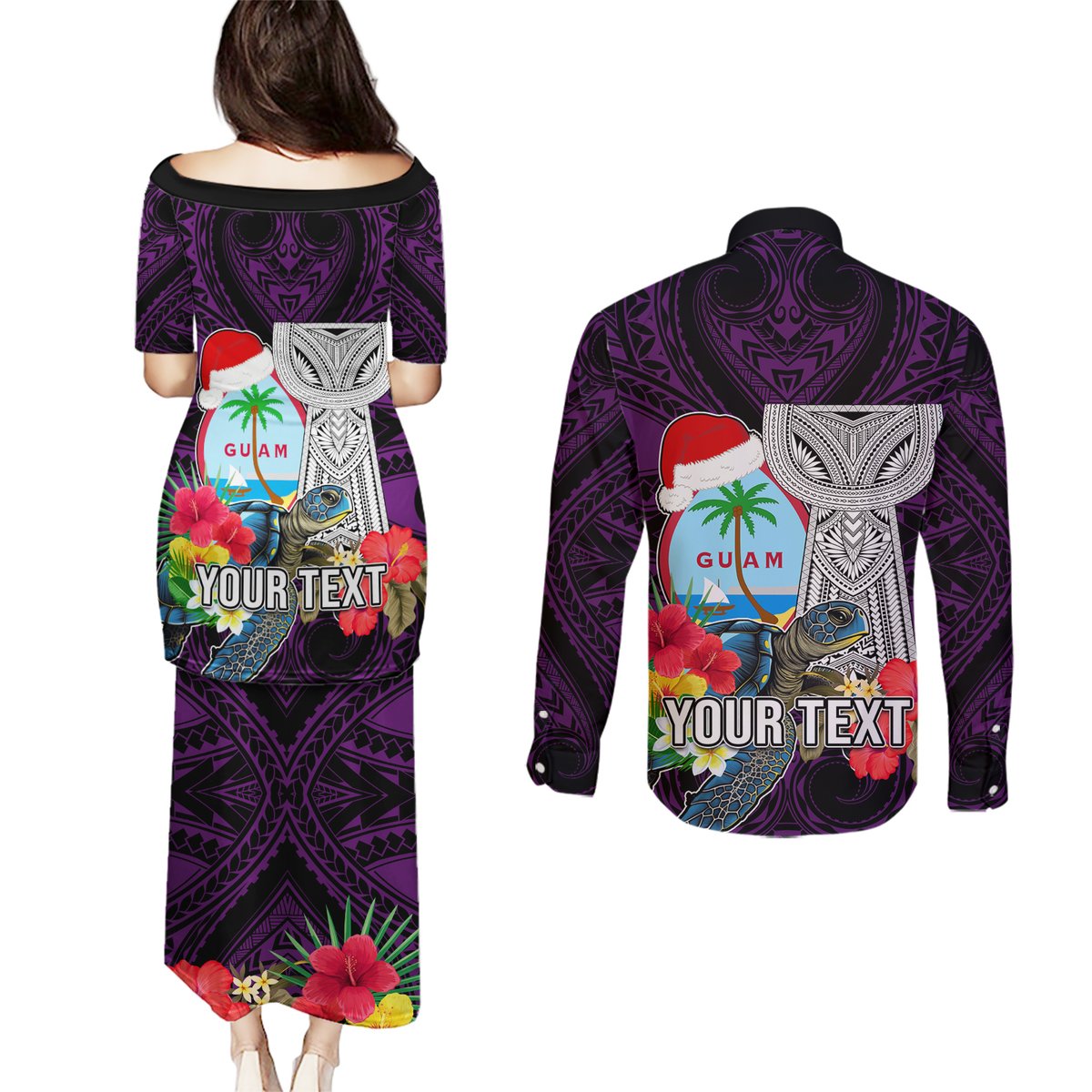 Custom Guam Christmas Couples Matching Puletasi Dress and Long Sleeve Button Shirt Santa Gift Latte Stone and Sea Turle Mix Hibiscus Chamorro Pink Style LT03
