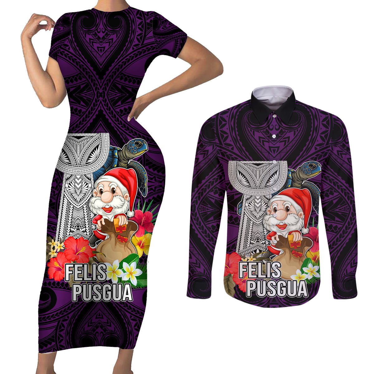 Custom Guam Christmas Couples Matching Short Sleeve Bodycon Dress and Long Sleeve Button Shirt Santa Gift Latte Stone and Sea Turle Mix Hibiscus Chamorro Pink Style LT03