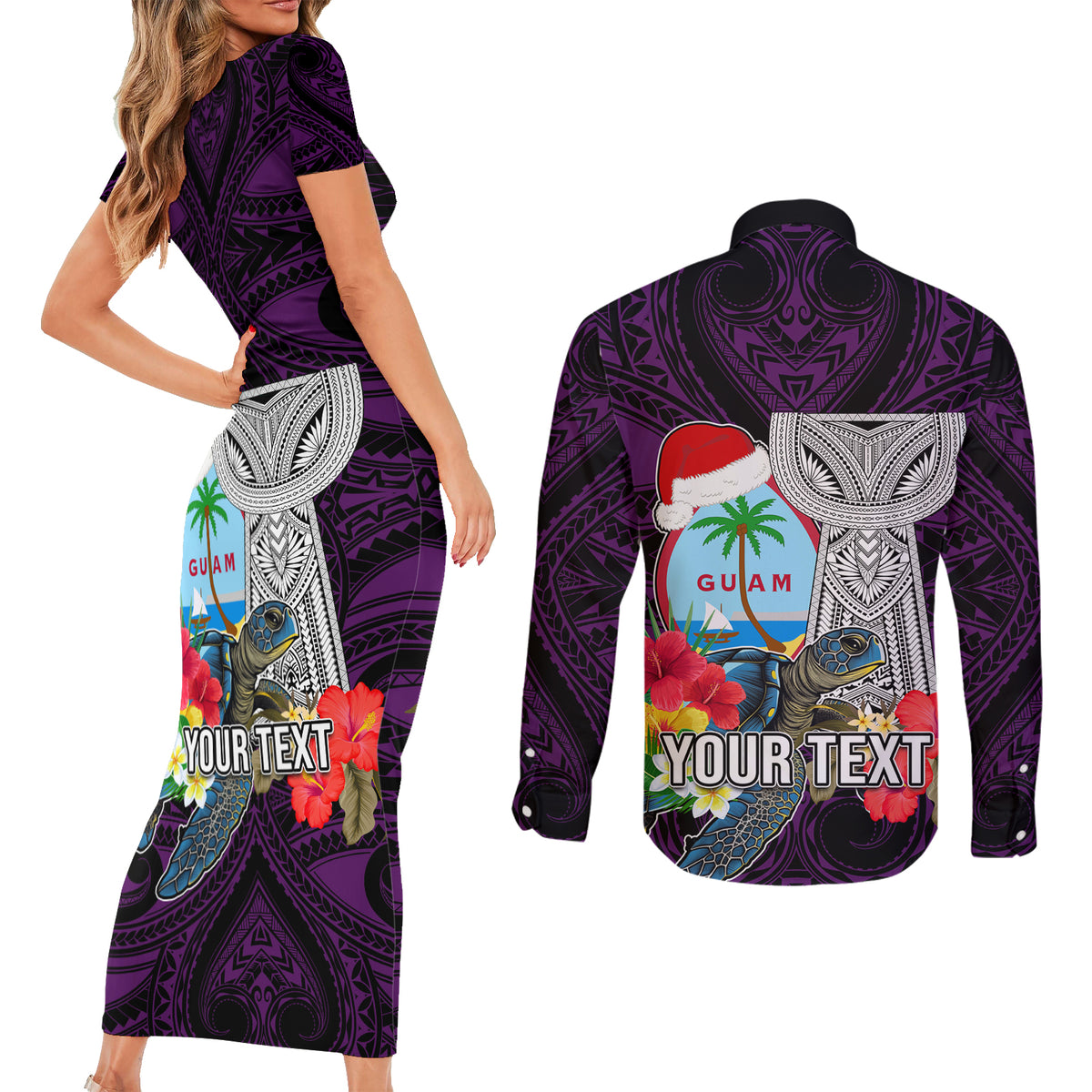 Custom Guam Christmas Couples Matching Short Sleeve Bodycon Dress and Long Sleeve Button Shirt Santa Gift Latte Stone and Sea Turle Mix Hibiscus Chamorro Pink Style LT03
