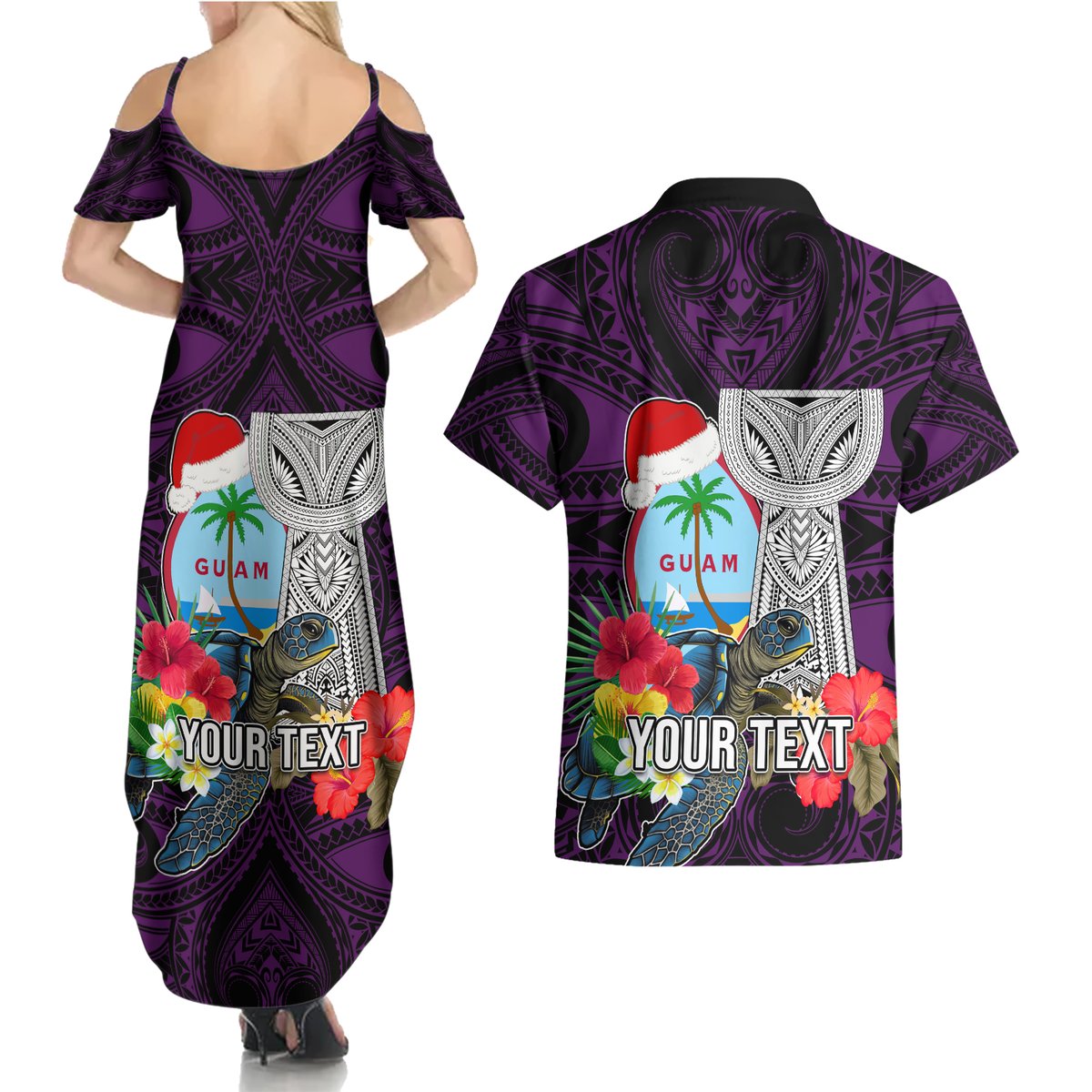 Custom Guam Christmas Couples Matching Summer Maxi Dress and Hawaiian Shirt Santa Gift Latte Stone and Sea Turle Mix Hibiscus Chamorro Pink Style LT03