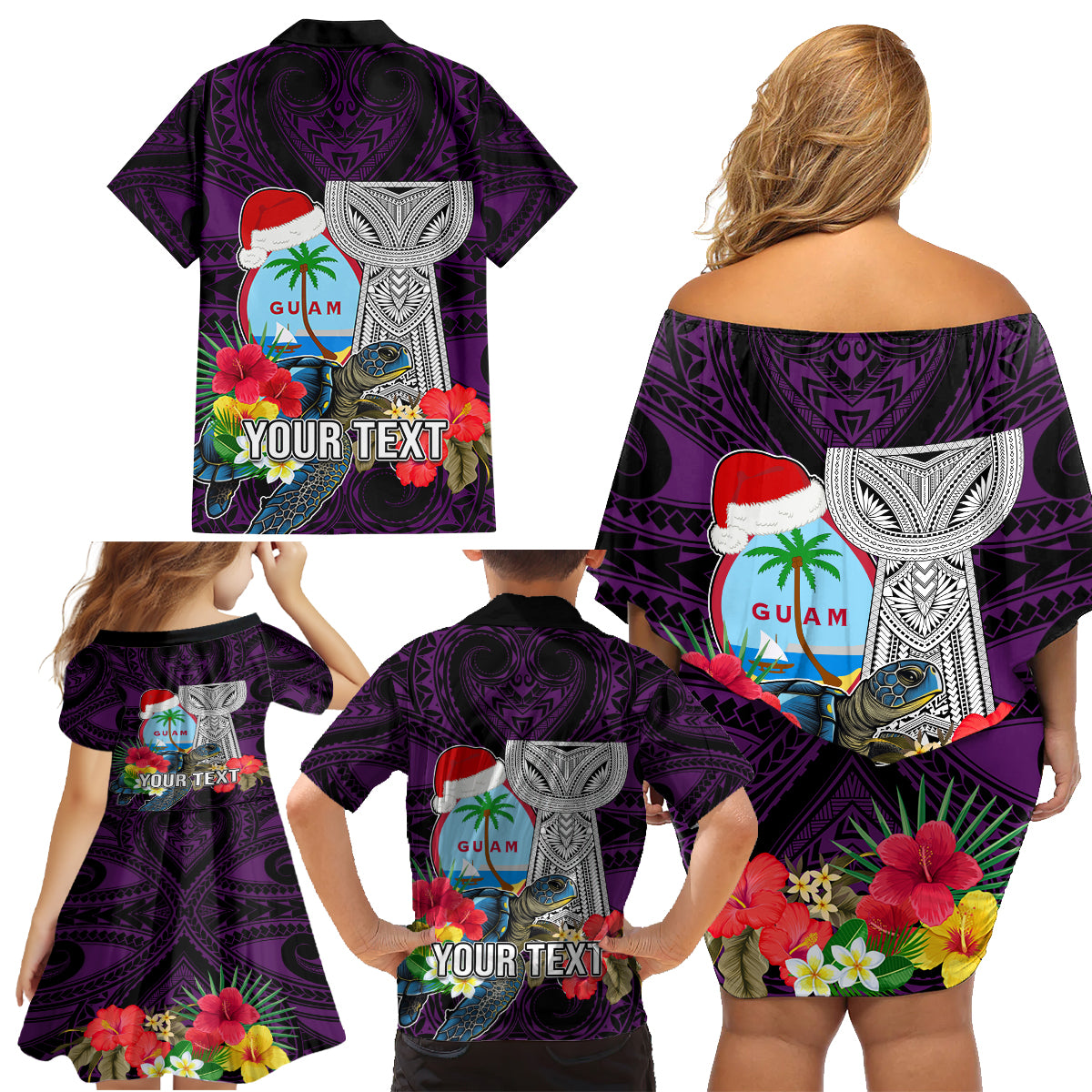 Custom Guam Christmas Family Matching Off Shoulder Short Dress and Hawaiian Shirt Santa Gift Latte Stone and Sea Turle Mix Hibiscus Chamorro Pink Style LT03