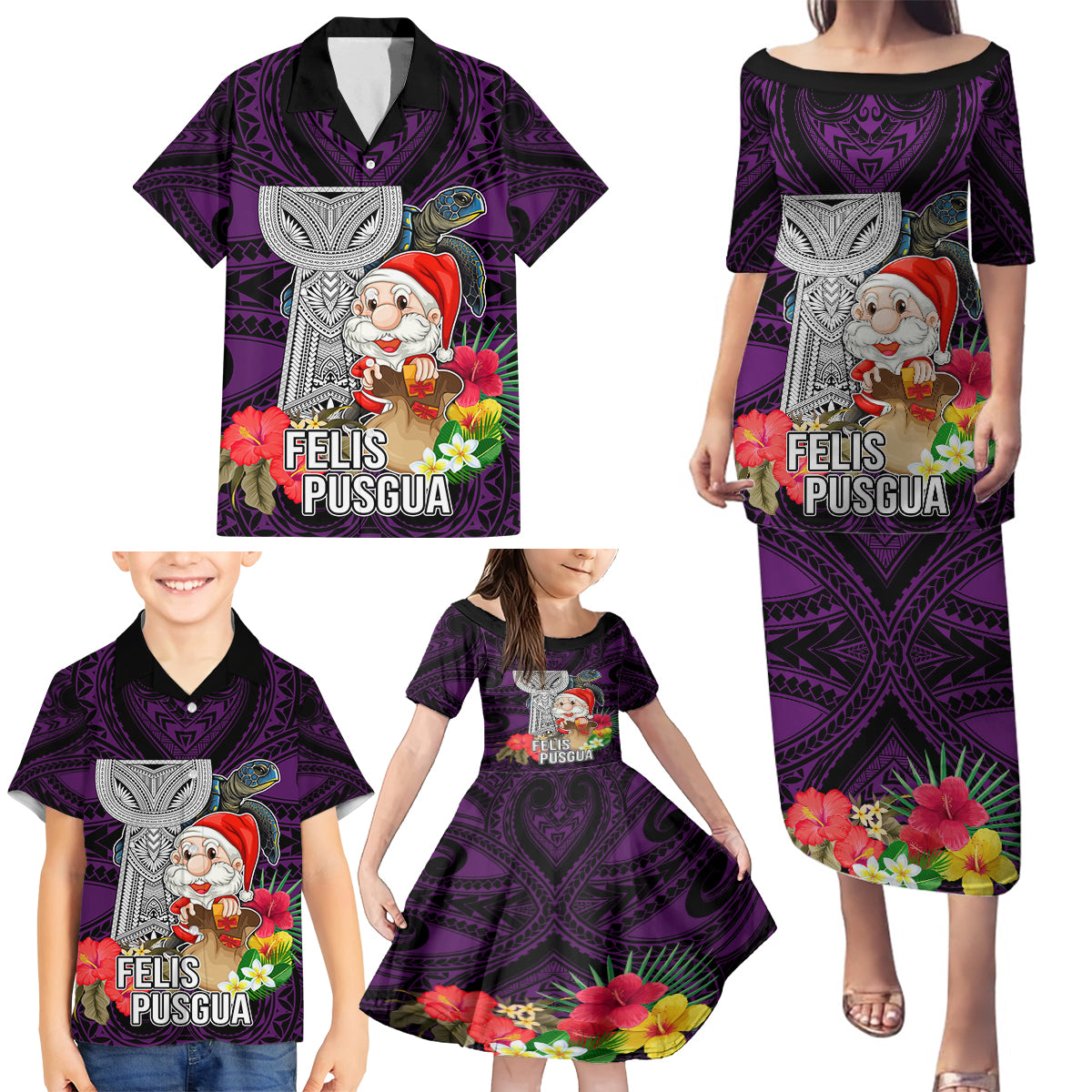 Custom Guam Christmas Family Matching Puletasi Dress and Hawaiian Shirt Santa Gift Latte Stone and Sea Turle Mix Hibiscus Chamorro Pink Style LT03