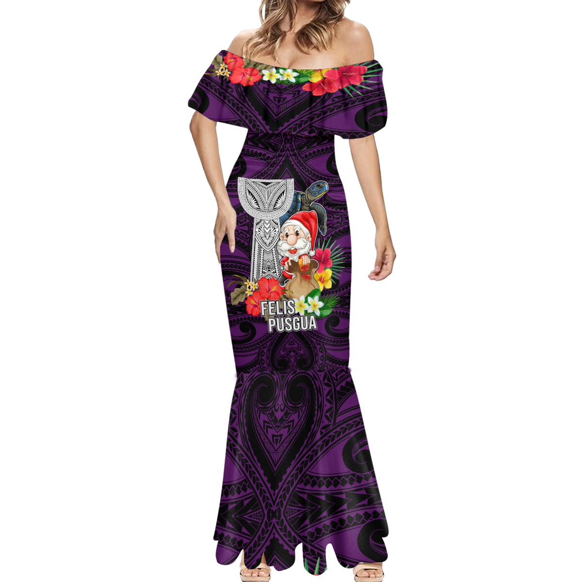 Custom Guam Christmas Mermaid Dress Santa Gift Latte Stone and Sea Turle Mix Hibiscus Chamorro Pink Style LT03