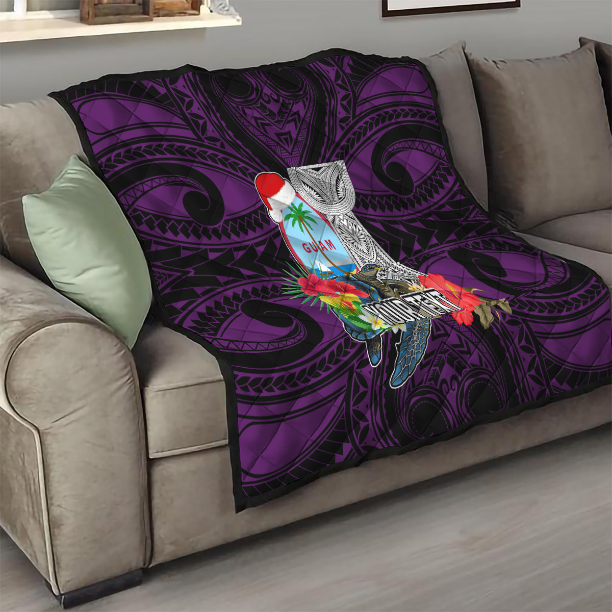 Custom Guam Christmas Quilt Santa Gift Latte Stone and Sea Turle Mix Hibiscus Chamorro Pink Style LT03 - Polynesian Pride
