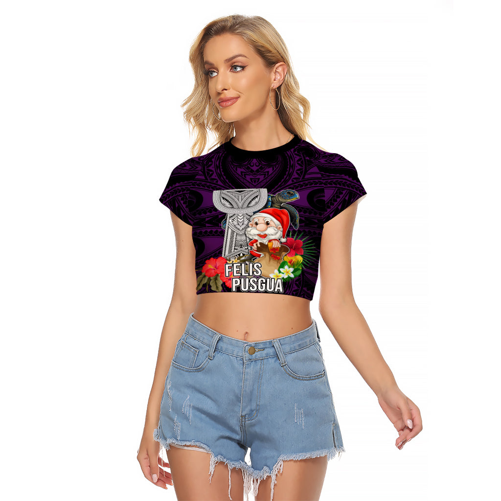 Custom Guam Christmas Raglan Cropped T Shirt Santa Gift Latte Stone and Sea Turle Mix Hibiscus Chamorro Pink Style LT03