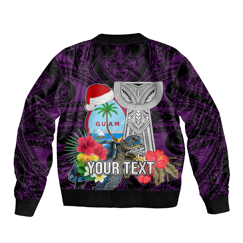 Custom Guam Christmas Sleeve Zip Bomber Jacket Santa Gift Latte Stone and Sea Turle Mix Hibiscus Chamorro Pink Style LT03