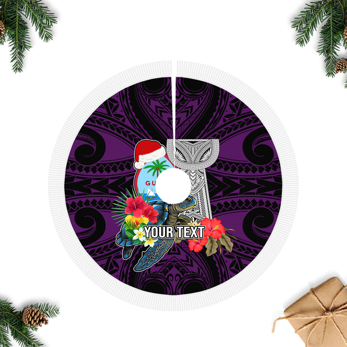 Custom Guam Christmas Tree Skirt Santa Gift Latte Stone and Sea Turle Mix Hibiscus Chamorro Pink Style LT03