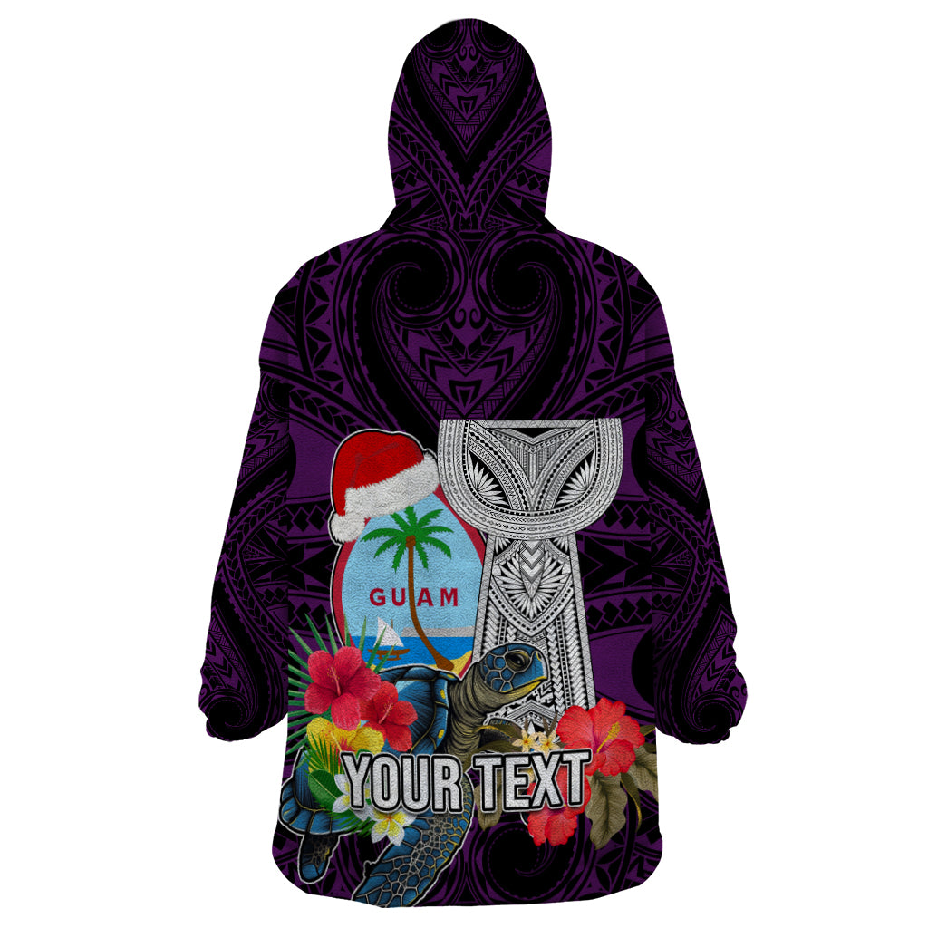 Custom Guam Christmas Wearable Blanket Hoodie Santa Gift Latte Stone and Sea Turle Mix Hibiscus Chamorro Pink Style LT03