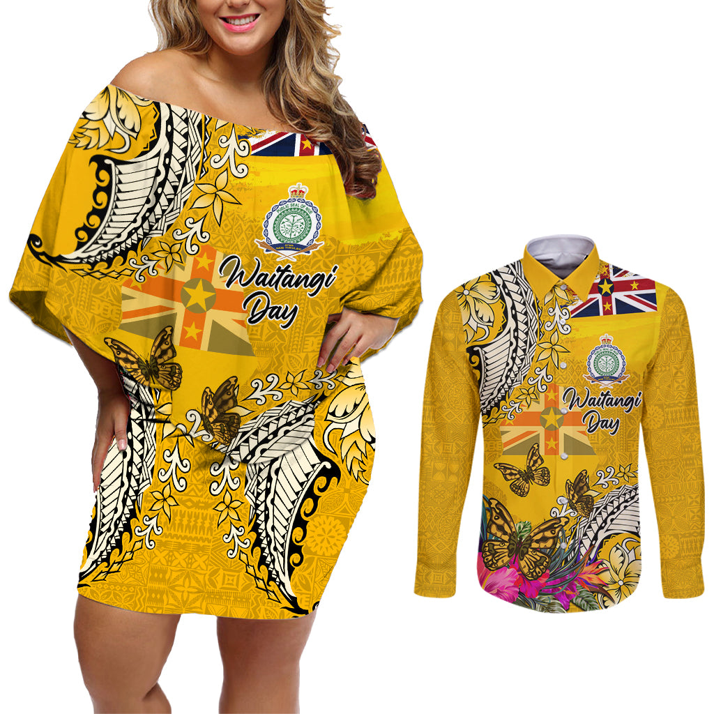 Niue Waitangi Couples Matching Off Shoulder Short Dress and Long Sleeve Button Shirt Tropical Flower Tapa Pattern LT03 Yellow - Polynesian Pride