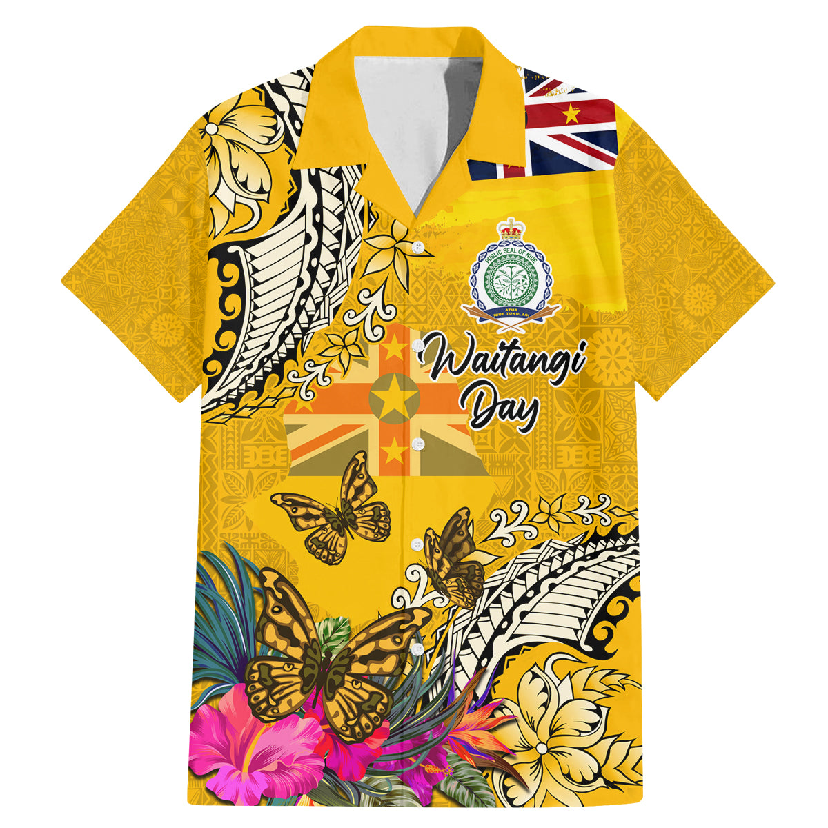 Niue Waitangi Family Matching Mermaid Dress and Hawaiian Shirt Tropical Flower Tapa Pattern LT03 Dad's Shirt - Short Sleeve Yellow - Polynesian Pride