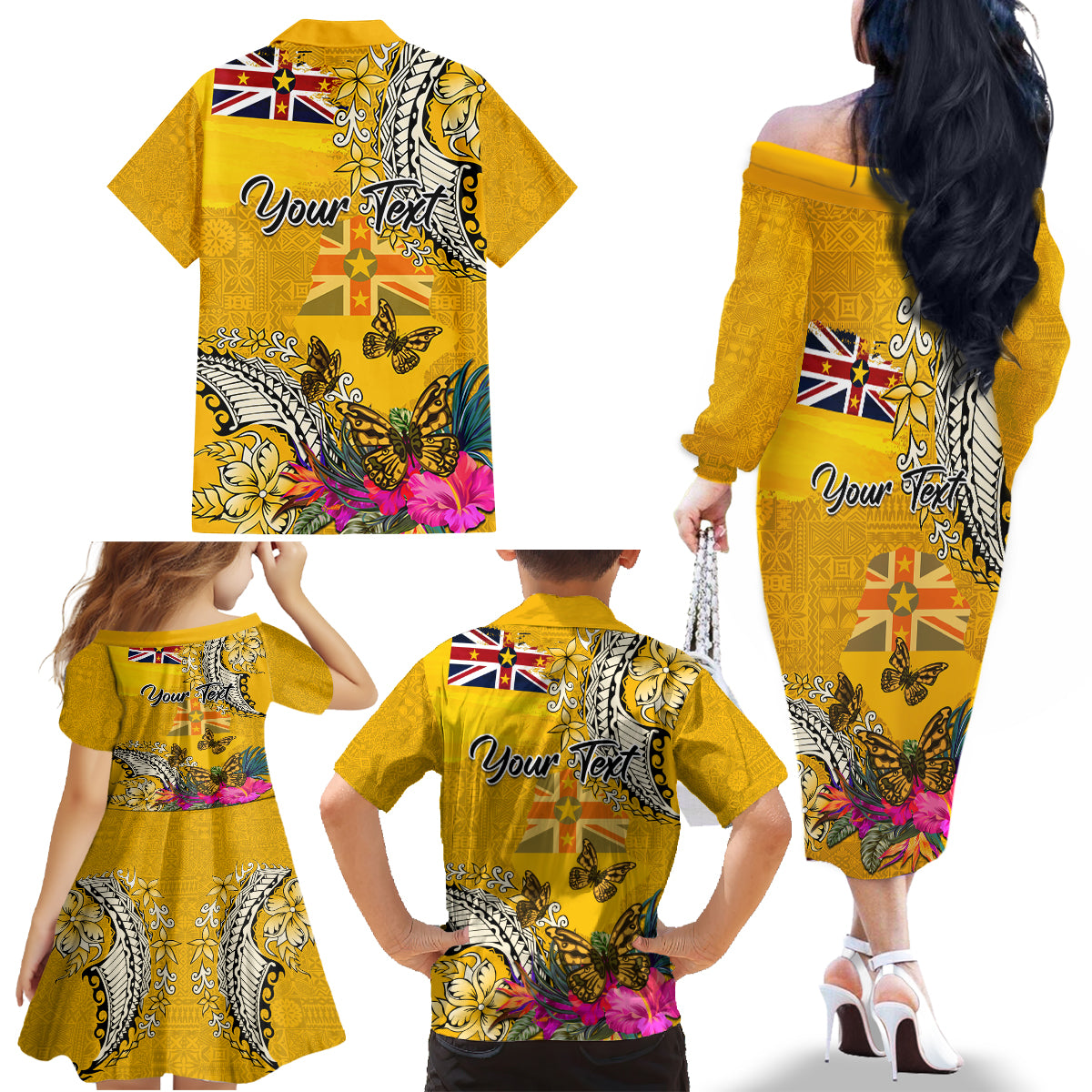Niue Waitangi Family Matching Off Shoulder Long Sleeve Dress and Hawaiian Shirt Tropical Flower Tapa Pattern LT03 - Polynesian Pride