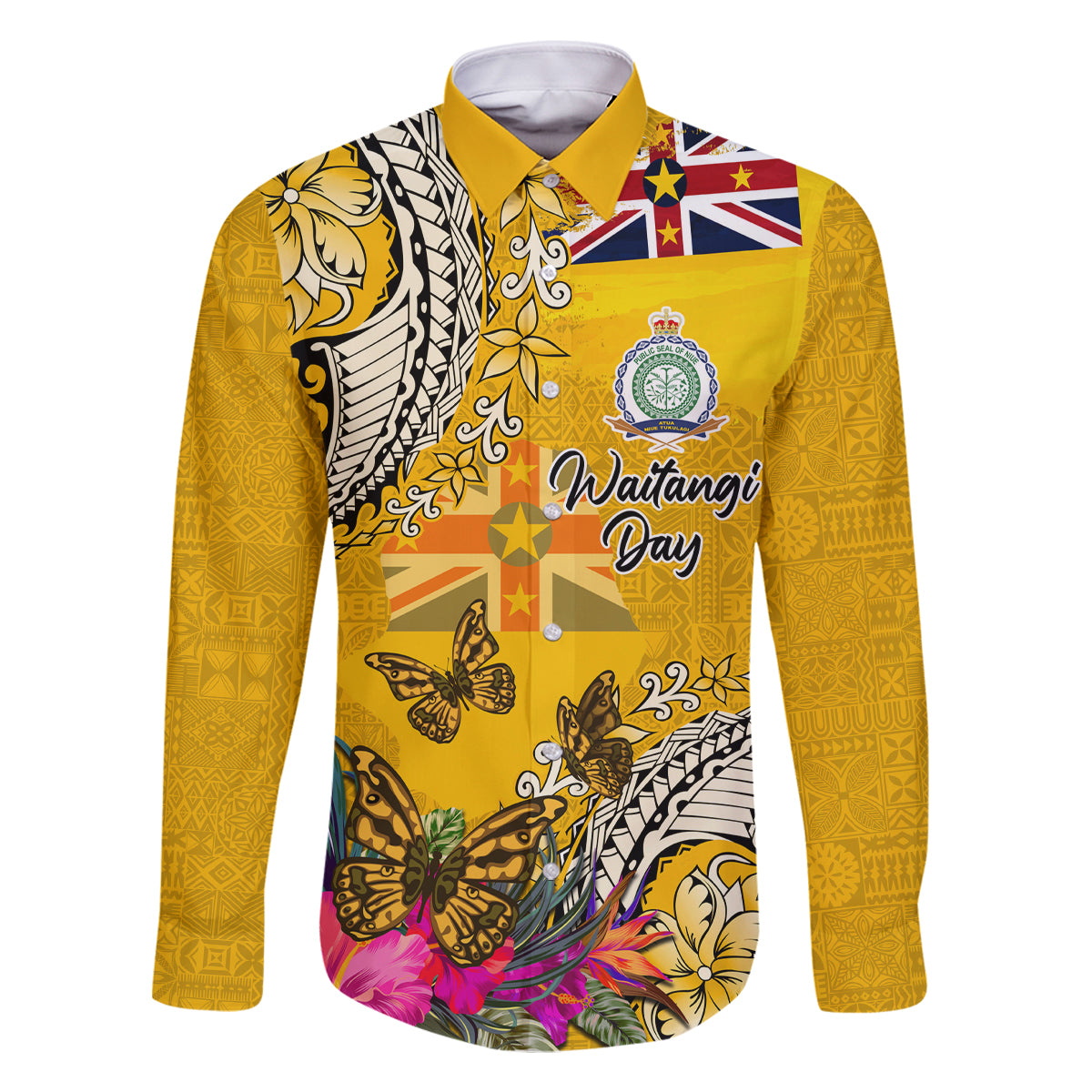 Niue Waitangi Family Matching Tank Maxi Dress and Hawaiian Shirt Tropical Flower Tapa Pattern LT03 Dad's Shirt - Long Sleeve Yellow - Polynesian Pride