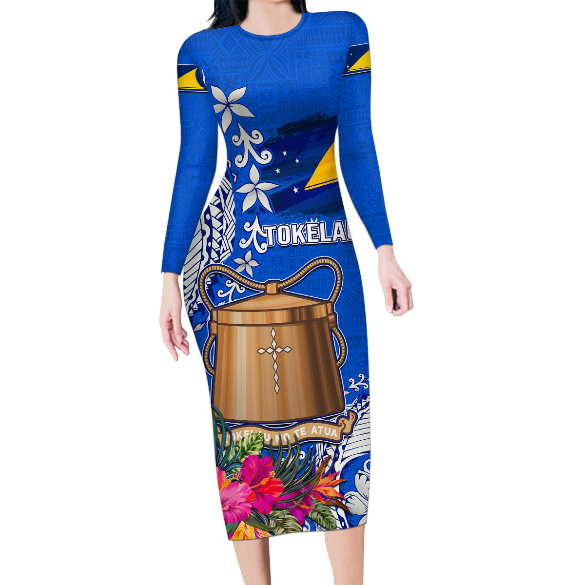 Tokelau Waitangi Family Matching Long Sleeve Bodycon Dress and Hawaiian Shirt Tropical Flower Tapa Pattern LT03 Mom's Dress Blue - Polynesian Pride