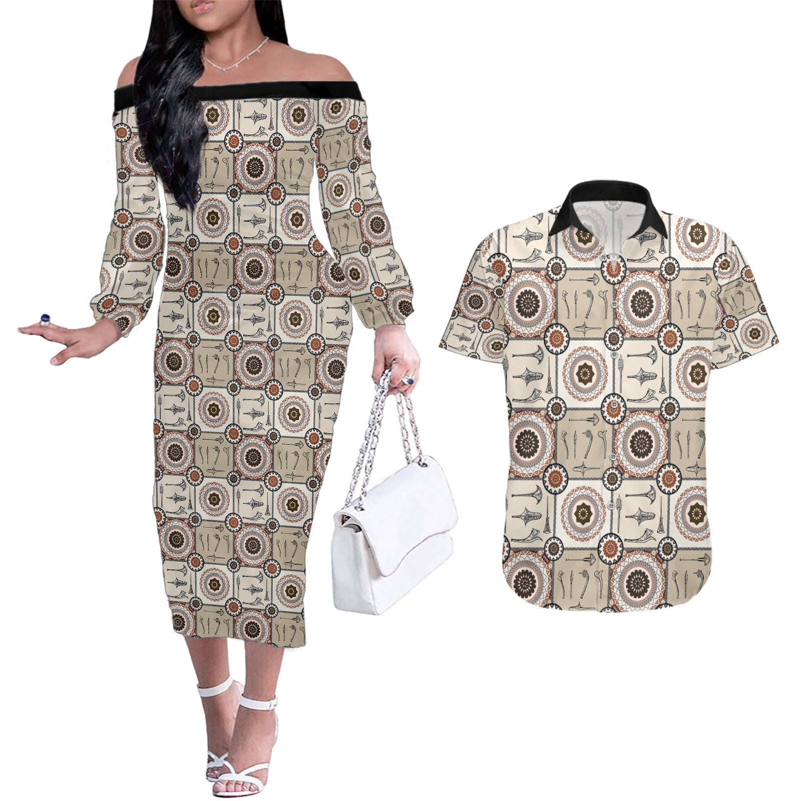 Tukenny Pattern Fijian War Clubs Couples Matching Off The Shoulder Long Sleeve Dress and Hawaiian Shirt LT03 Beige - Polynesian Pride