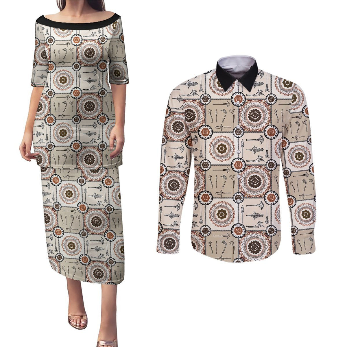 Tukenny Pattern Fijian War Clubs Couples Matching Puletasi and Long Sleeve Button Shirt LT03 Beige - Polynesian Pride
