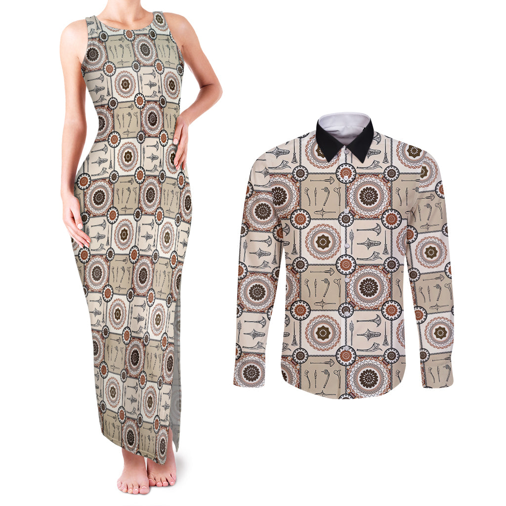 Tukenny Pattern Fijian War Clubs Couples Matching Tank Maxi Dress and Long Sleeve Button Shirt LT03 Beige - Polynesian Pride