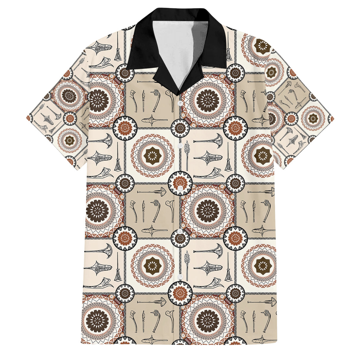 Tukenny Pattern Fijian War Clubs Family Matching Off Shoulder Short Dress and Hawaiian Shirt LT03 Dad's Shirt - Short Sleeve Beige - Polynesian Pride