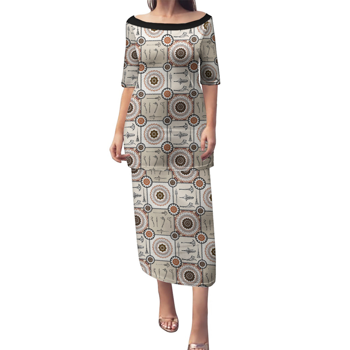 Tukenny Pattern Fijian War Clubs Family Matching Puletasi and Hawaiian Shirt LT03 Mom's Dress Beige - Polynesian Pride