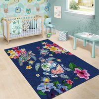 Hawaiian Turtles and Tropical Plants Area Rug Blue Watercolor
