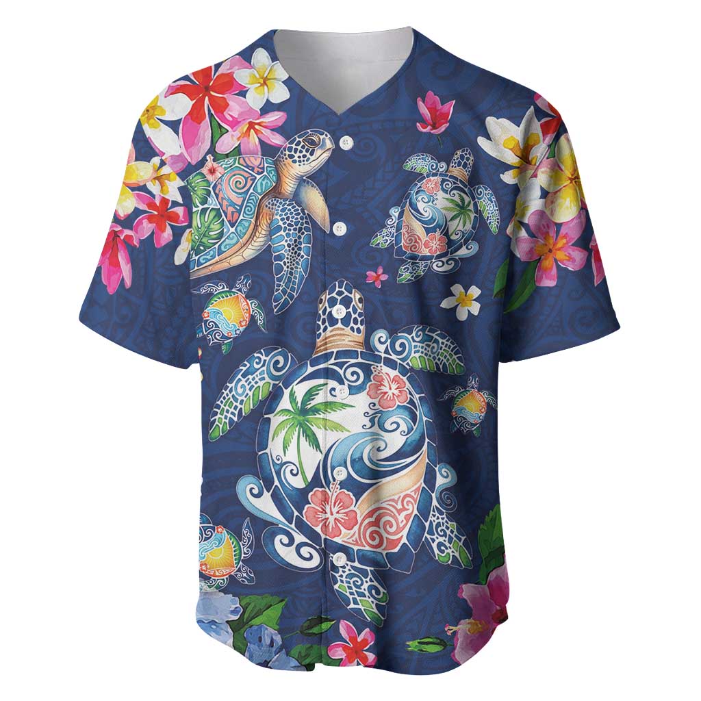 Hawaiian Turtles and Tropical Plants Baseball Jersey Blue Watercolor