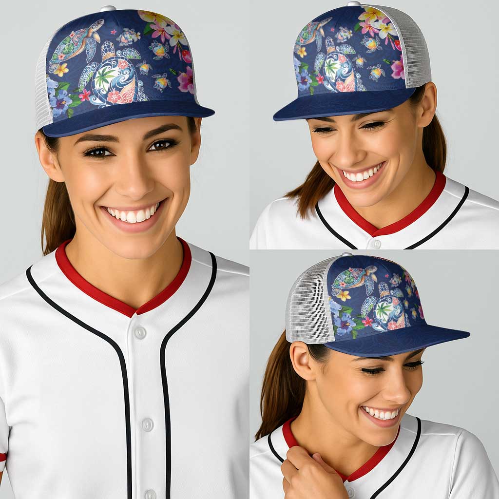Hawaiian Turtles and Tropical Plants Baseball Net Cap Blue Watercolor