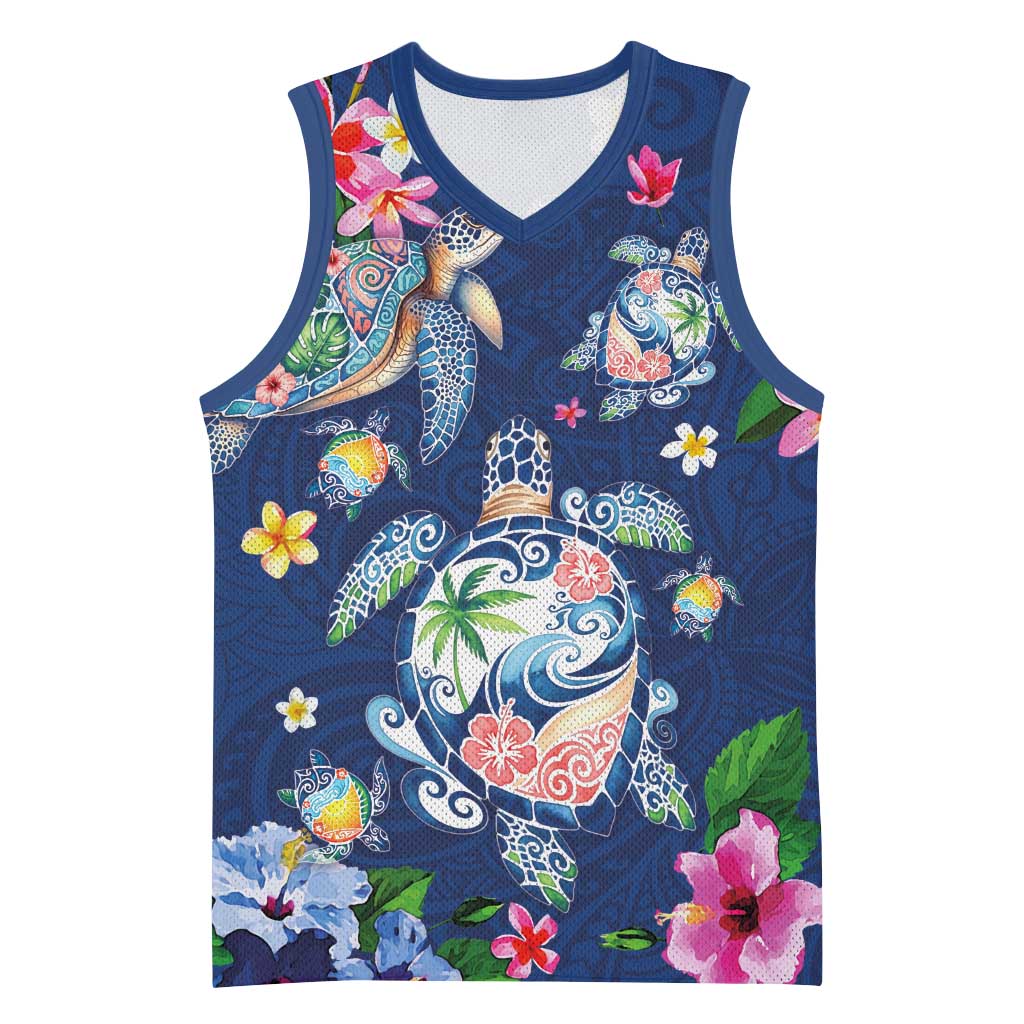 Hawaiian Turtles and Tropical Plants Basketball Jersey Blue Watercolor LT03 Unisex Blue - Polynesian Pride