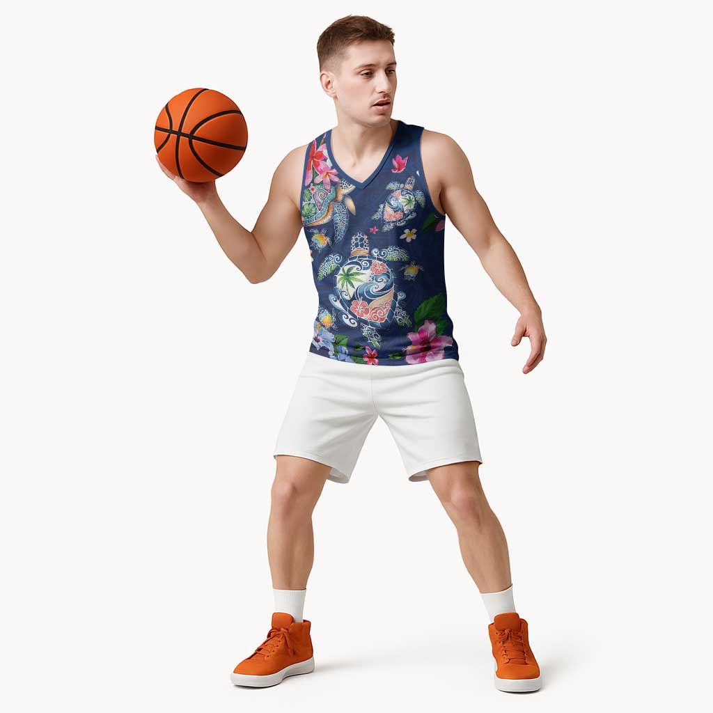 Hawaiian Turtles and Tropical Plants Basketball Jersey Blue Watercolor LT03 - Polynesian Pride