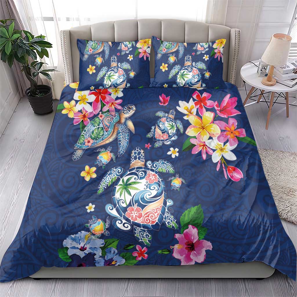 Hawaiian Turtles and Tropical Plants Bedding Set Blue Watercolor