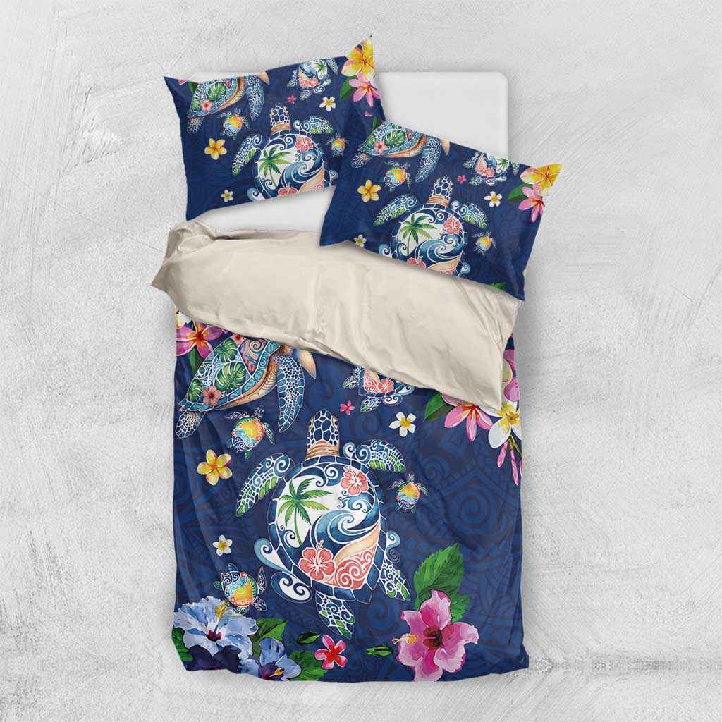 Hawaiian Turtles and Tropical Plants Bedding Set Blue Watercolor