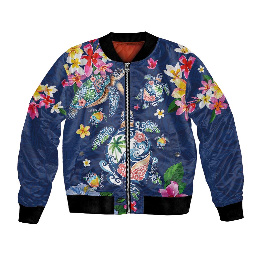 Hawaiian Turtles and Tropical Plants Bomber Jacket Blue Watercolor