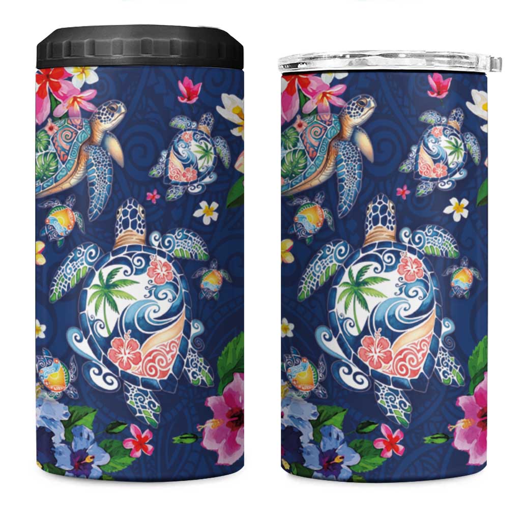 Hawaiian Turtles and Tropical Plants 4 in 1 Can Cooler Tumbler Blue Watercolor LT03 One Size: 16 oz Blue - Polynesian Pride