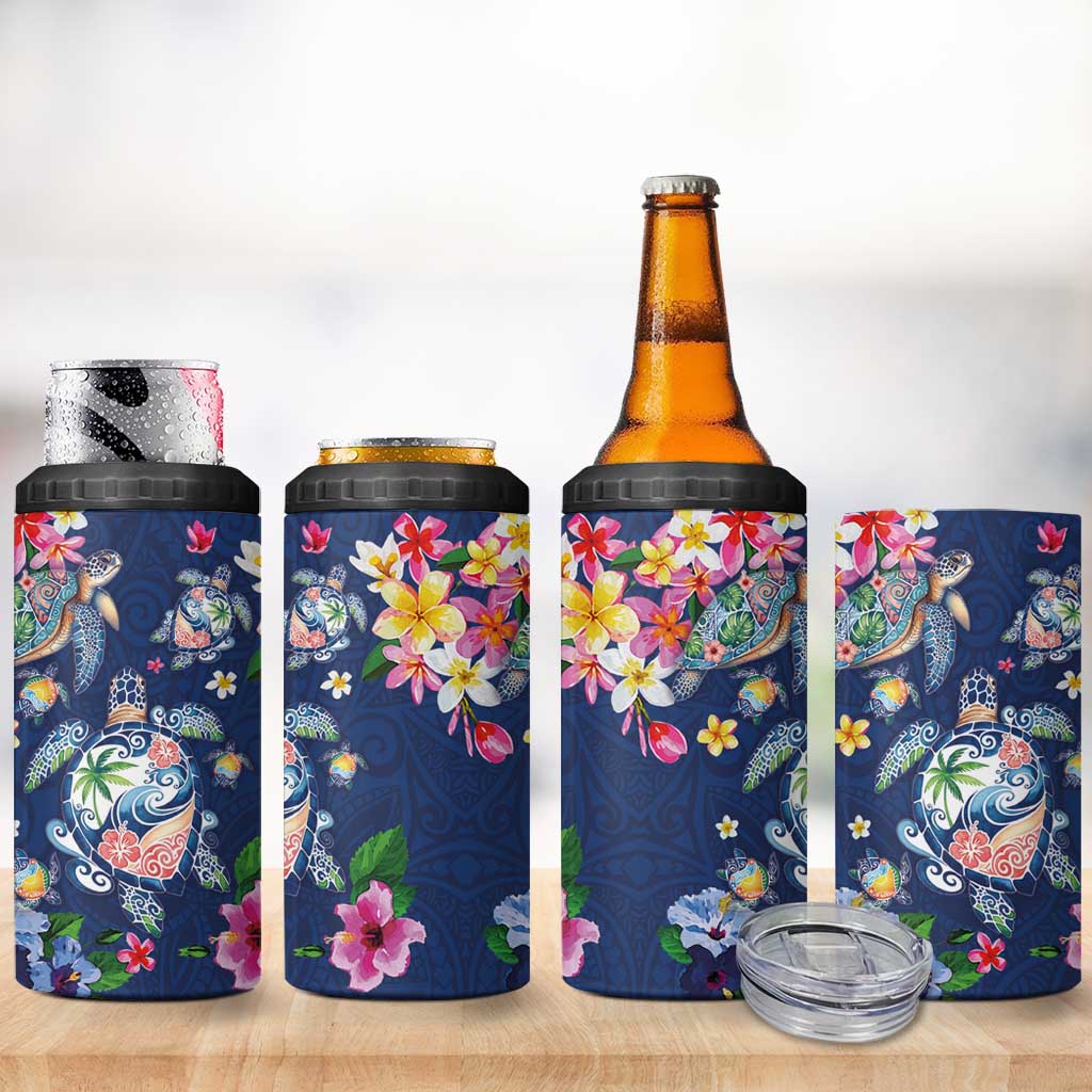 Hawaiian Turtles and Tropical Plants 4 in 1 Can Cooler Tumbler Blue Watercolor LT03 - Polynesian Pride