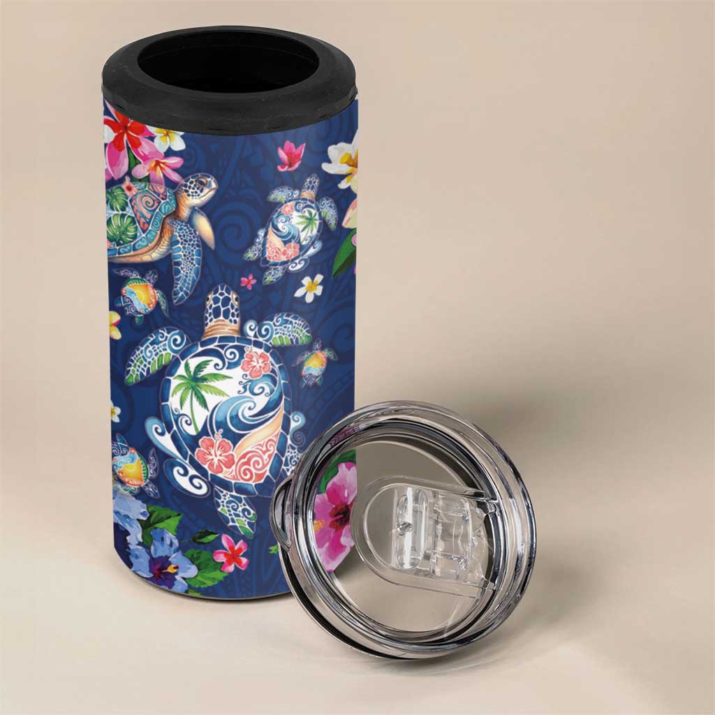 Hawaiian Turtles and Tropical Plants 4 in 1 Can Cooler Tumbler Blue Watercolor LT03 - Polynesian Pride