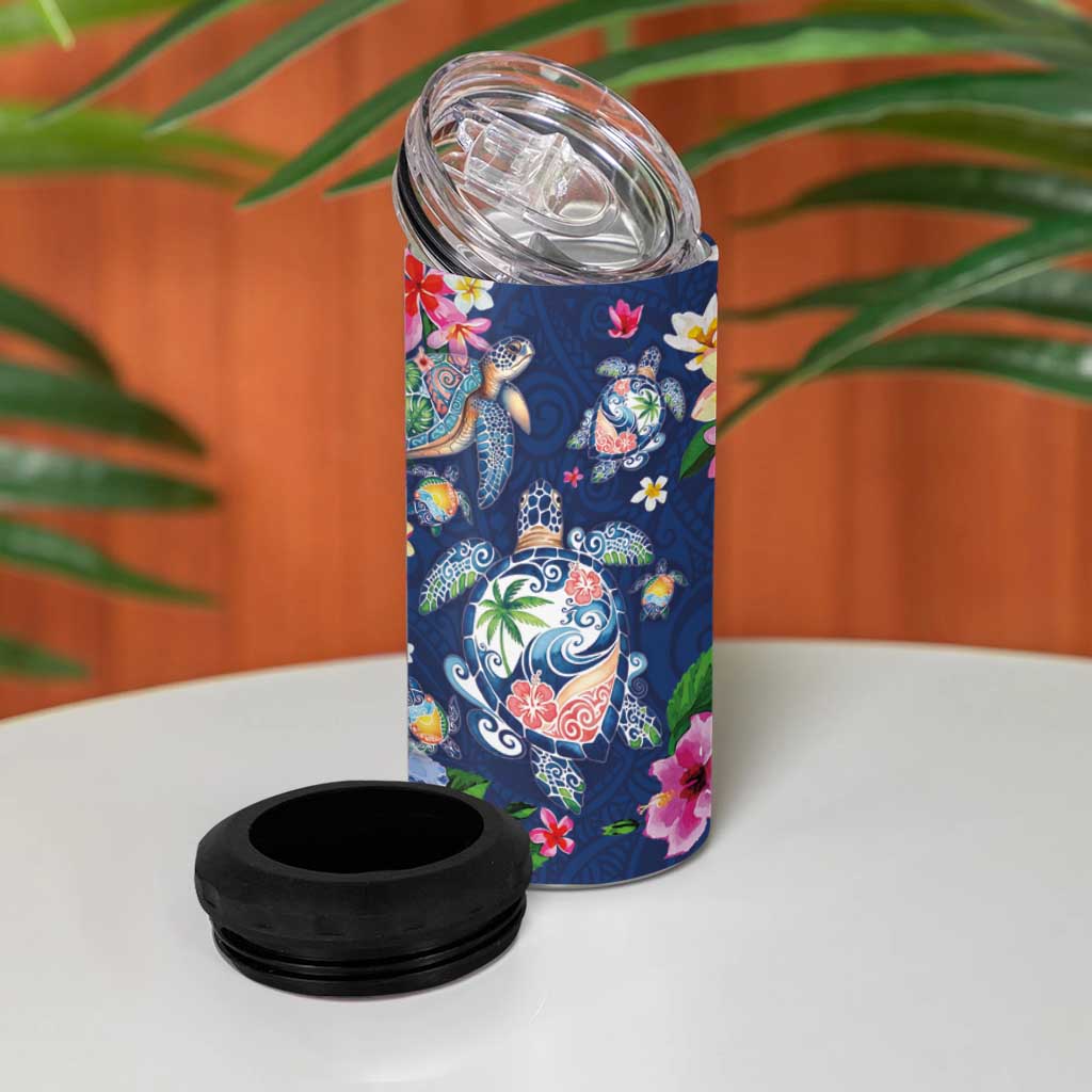 Hawaiian Turtles and Tropical Plants 4 in 1 Can Cooler Tumbler Blue Watercolor LT03 - Polynesian Pride