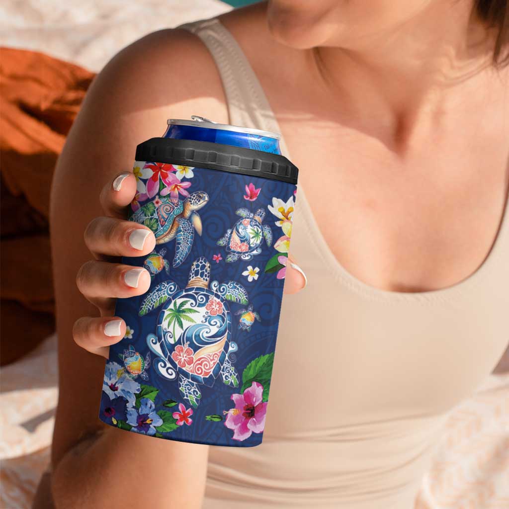 Hawaiian Turtles and Tropical Plants 4 in 1 Can Cooler Tumbler Blue Watercolor LT03 - Polynesian Pride