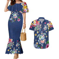 Hawaiian Turtles and Tropical Plants Couples Matching Mermaid Dress and Hawaiian Shirt Blue Watercolor