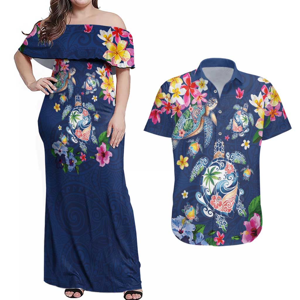 Hawaiian Turtles and Tropical Plants Couples Matching Off Shoulder Maxi Dress and Hawaiian Shirt Blue Watercolor