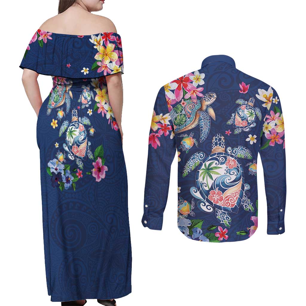 Hawaiian Turtles and Tropical Plants Couples Matching Off Shoulder Maxi Dress and Long Sleeve Button Shirt Blue Watercolor