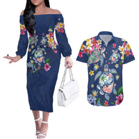 Hawaiian Turtles and Tropical Plants Couples Matching Off The Shoulder Long Sleeve Dress and Hawaiian Shirt Blue Watercolor